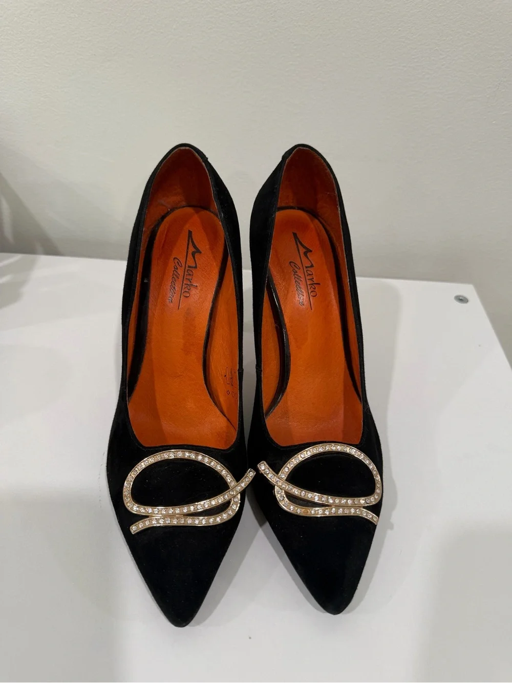 Black Suede Crystal-Embellished Pointed-Toe Heels